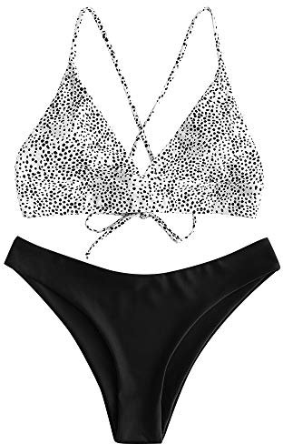 ZAFUL zweiteilig Bikini-Set mit,Sexy Spaghettiträger Gepolsterter Badeanzug mit High Cut Bikini mit Leopardenmuster (Schwarz-S)