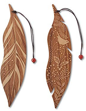 Set von zwei Lesezeichen aus Holz, Vogel und Blumen, Feder, MinaturArt