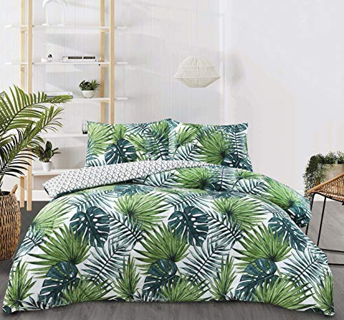 Night Comfort Tropical Palms Leaf Cotton Rich Blend Reversible Easy Care Duvet Cover Bedding Set With Pillowcases