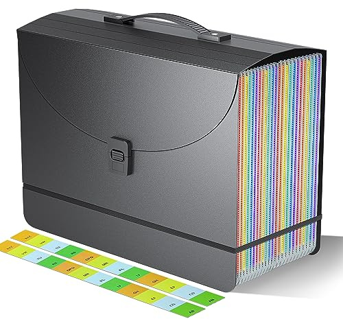File Organiser Document Organiser Box Files Folder with Handle,25 Pockets Portable Document Folders for Paperwork A4,Concertina File Expanding Filing Box Paper Organiser for Office School Home,2x Tabs