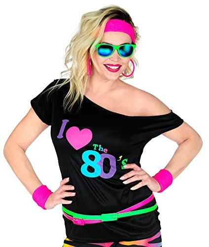 W WIDMANN MILANO Party Fashion - T-Shirt 80er Jahre Mode, ärmelloses Shirt, I love 80s, Disco Fieber, Neon, Mottoparty, Karneval