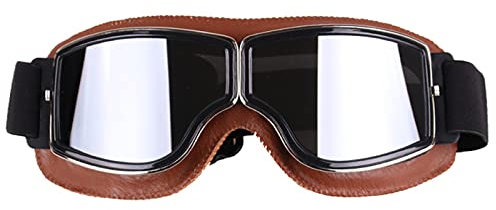 Retro Motorradbrille Brille Vintage Motorradbrille Outdoor Sport Leder für Harley Fliegerbrille (Color : Brown box Silver)
