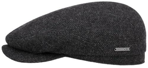 Stetson Belfast Flatcap - Schiebermütze Herren - Schirmmütze mit Wolle - Herrenkappe Herringbone mit Innenfutter (Baumwolle) - Wollcap Herbst/Winter - Flat Cap schwarz-grau 60 cm