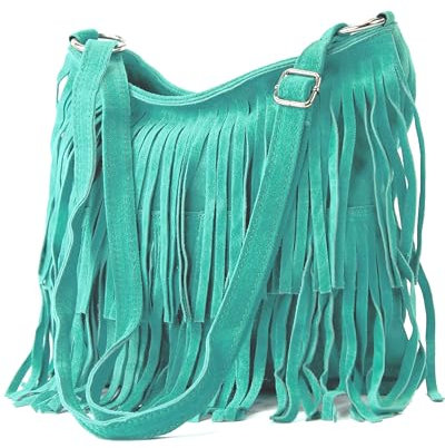 modamoda de T125 Damen Leder Wildleder Schultertasche Umhängetasche handmade in Italy, Farbe:Türkis_1