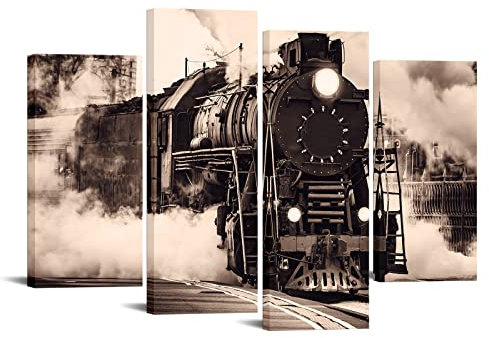 Nachic Wall 4 Stück Sepia Old Train Bild Leinwand Kunst Retro Braun Dampf Zug Poster Malerei auf Leinwand Vintage Fahrzeug Poster Kunstwerk für Home Office Wohnzimmer Dekorationen