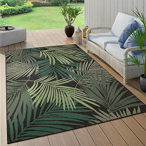 Paco Home Outdoor Teppich Wetterfest Flur Balkon Palmen Dschungel Florales Boho Muster Grün, Grösse:80x250 cm, Farbe:Schwarz