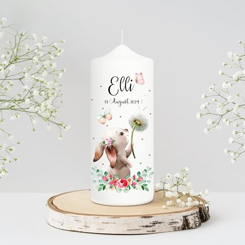Wandtattoo Loft Taufkerze Mädchen oder Junge personalisierte Patenkerze, Motiv Hase mit Pusteblume, 18cm x 7cm, personalisierte Kerze, bedruckte Kerze Taufe, Stumpenkerze, Geburtskerze, Taufgeschenk