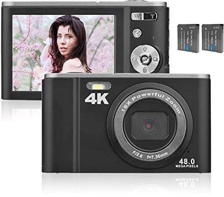 Camnoon Digitalkamera 4K Foto Kamera 48 MP 2,8-Zoll 16X Digital Zoom Selbstauslöser 128 GB Erweiterter Speicher mit 2 Batterien Handschlaufe Tragetasche für Kinder Erwachsene Anfänger (Schwarz)