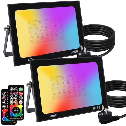 Litake RGB LED Strahler 40W, 2 Stück LED Fluter Außen 10 Modi Beleuchtung mit 2 Fernbedienung IP66 Wasserdicht 256 Farben 3000K Warmweißes RGB Strahler für Garten