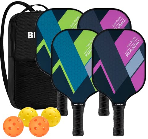 Beives Pickleball-Schläger, 4 Pickleball-Schläger, 4 Pickleball-Schläger und 4 Bälle mit tragbarer Tragetasche (Rosa + Grün)