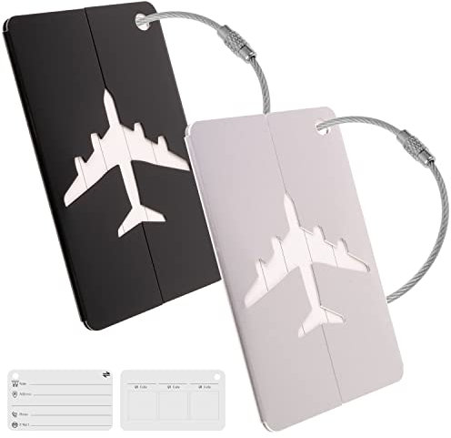 Kofferanhänger mit Adressschild, 2 Pack, Schwarz + Silber, Aluminium Schild, für Flugreise, Kreuzfahrt, Metallgepäckanhänger, Namensschild Koffer, Adressanhänger, Taschenanhänger, ID Etikett Aufhänger