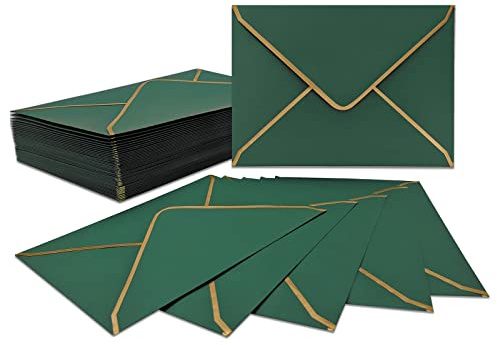 LYHLYA 50 PCS Invitation Envelopes A7 Size, Green 5 x 7 Inch V-Flap Mailing Card Quick Seal Gold Border 5x7 Cards, Birthday, Weddings, Graduations, Greeting Cards (Envelope-10-green)