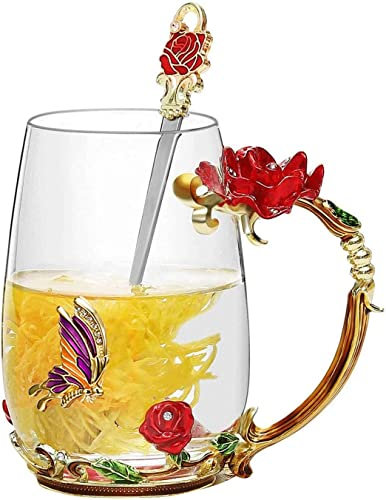 Biigming Tasse à thé en Verre émaillé de Papillons Fleurs avec Cuillère en acier, Cadeau Parfait pour Femme, épouse, Petite Amie, Fête des mères, Saint-Valentin, Anniversaire (Rose-350ml)