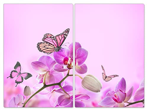 DecoCat Herdabdeckplatten Ceranfeld 2 x 35x52 cm Zweiteilig Orchideen Schmetterling Rosa (03857) Schneideplatte Glas Kochfeldabdeckung Herdabdeckung Induktionsschutz