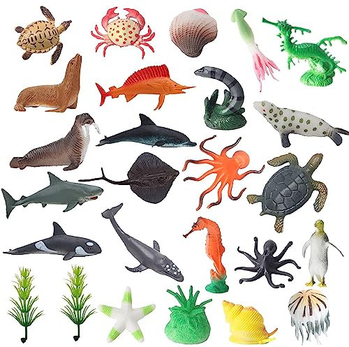 Steemjoey 26Pcs Ozean Meer Tiere Spielzeug Figuren, Meerestiere Spielzeug, Realistischer Kunststoff Meerestiere Figuren für Badespielzeug, Lernspielzeug, Cake Topper Geburtstagsparty für Kinder