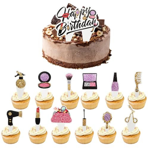 Make up Kuchen Dekoration 13PCS Make up Geburtstag Cupcake Topper Lippenstift Schminkpinsel Cupcake Picks Happy Birthday Cake Topper für Bachelorette Kosmetik Thema Geburtstag Party Dekor (Makeup)