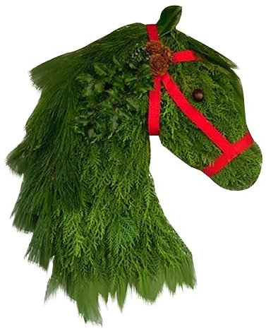 JUOPZKENN Weihnachts-Winterkranz, Pferdekopf-Kranz, Grüner Tannennadel-Pferdekopf-Kranz mit Rotem Band und Tannenzapfen, Bauernhaus-Weihnachtskranz mit Doppeltem Pferdekopf für die Haustür des(#1)