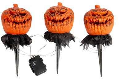 horror-shop 3er-Set Halloween Kürbis mit Erdspieß als Gartendeko