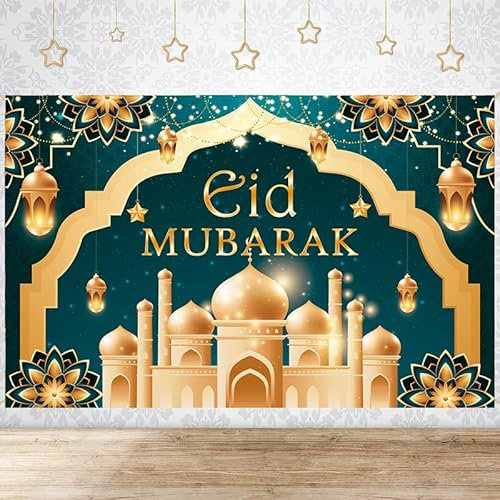 HOWAF Eid Mubarak Dekoration Banner Eid Mubarak Hintergrund Banner Grün Extra Große Stoff Eid Banner Schild Poster für Eid Dekoration Eid Deko Islam Deko Muslimische Deko Ramadan Mubarak Dekoration
