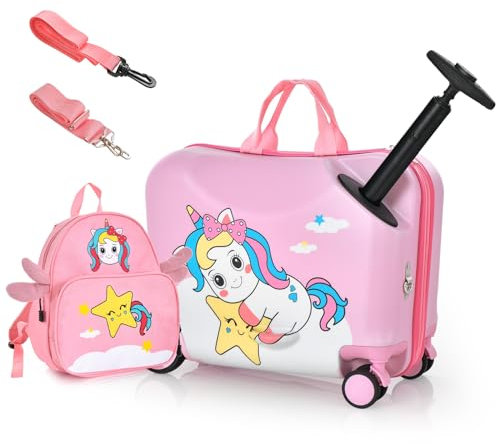 DREAMADE Valise Roulette Enfant 18 et Sac à Dos 12 avec Bandoulière Réglable Bagage Cabine Enfant 3+Ans avec Roues Pivotante 360° Bagage à Main Fille et Garçon Charge 50KG+8KG (Licorne Rose)