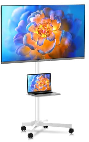 XINLEI Mobile TV Stand on Wheels, Portable TV Trolley with Shelf for 21-60 inch Flat Curved Panel TVs up to 35kg, Height Adjustable Tall Rolling TV Stand on Casters, Max VESA 400x400mm White ML55AW