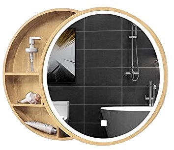 Kamnik LED-beleuchteter Badezimmerspiegelschrank, runder Medizinschrank, Schiebeschrank, runder Spiegel, 3 Ebenen, 50/60 cm, Gold/Schwarz/Walnuss/Holzfarbe
