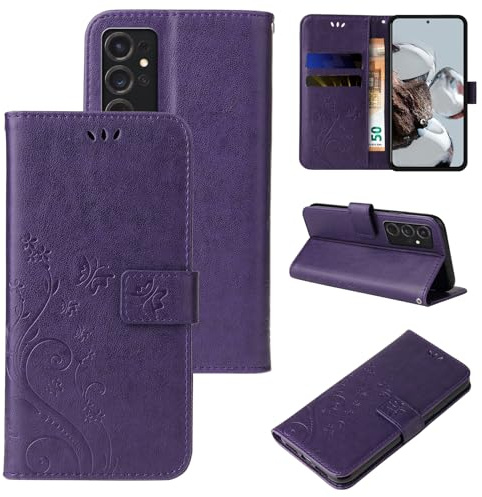 LBH Handy Hülle für Samsung Galaxy S24 Ultra Case Handytasche Schmetterling Blumen Flower Standfunktion Schutzhülle Magnet Rundum Schutz 360 Grad Flipcase Cover Violett