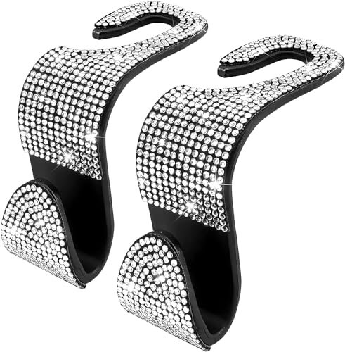 2PCS Car Seat Hooks, Bling Car Rhinestone Headrest Hooks, Universal Bling Car Interior Accessories for Handbag, Clothes, Purse, Water Bottle … (White)
