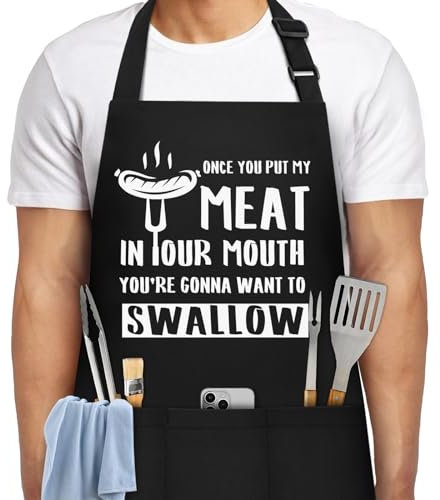 NLUS Delantales divertidos para hombre, delantal divertido para cocinar, asar a la parrilla, con 3 bolsillos, regalo de cumpleaños para el día del padre, Una vez que lo pongas, 27.2in * 31in