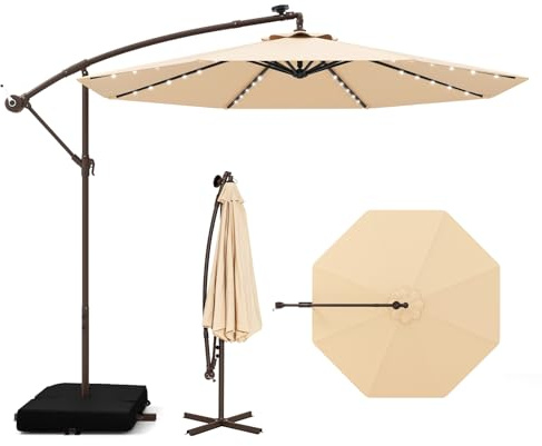 GOPLUS Sonnenschirm Ø 300 cm mit Sandsack, Ampelschirm mit LED-Solar-Beleuchtung, UV-Schutz, Terrassenschirm mit Kurbel, Marktschirm Gartenschirm für Pool, Rasen & Garten, Beige