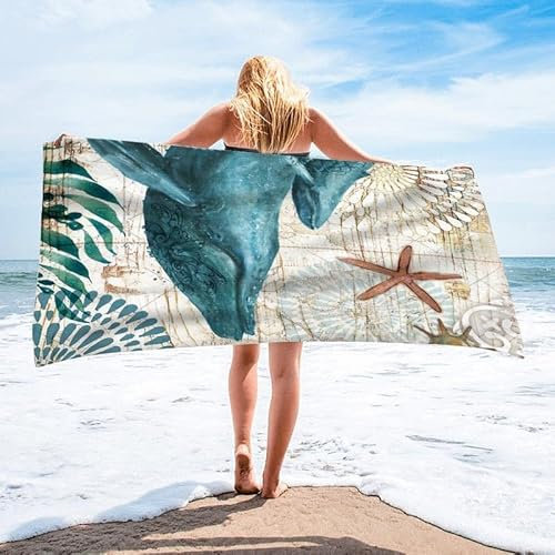 Strandtuch Wal Schale Microfaser Handtücher,Sandfreiem Handtuch,Absorbierendem Badetuch, Reise, Strand,Tragbares Reisetuch Für Fitness,Reise & Wandern 90X180Cm