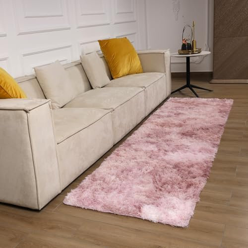 Oxford Homeware Teppiche, Läufer für Wohnzimmer, Flur, 80 x 300 cm, Batikmuster, rosa / lila, rutschfest, modern, superweich, flauschig, zottelig, fusselfrei, Kinderbettvorleger