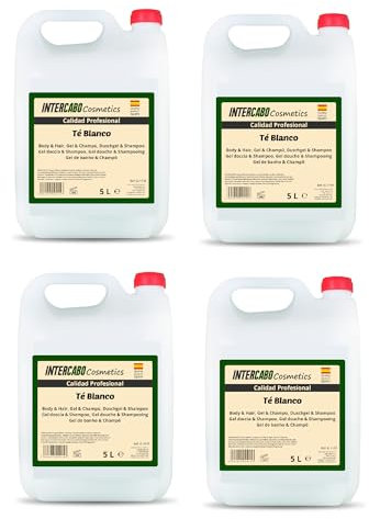 INTERCABO Lot de 4 bidons de 5 litres de gel douche et shampooing, gel douche et shampooing 2 en 1, recharge pour gel douche et shampooing, Amenities Hotel - Gel douche et cosmétiques Te Blanc