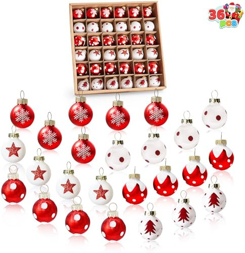 JOIEDOMI Set di 36 mini palline di Natale in vetro metallico con stampe glitterate e ganci a corda, ornamenti da appendere in miniatura per albero di Natale (rosso e bianco)