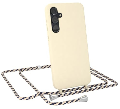 EAZY CASE - Hülle mit Band kompatibel Samsung Galaxy A55 Handyhülle für Galaxy A55 Hülle Silikon mit Mikrofaser stoßfester Fallschutz Kette zum Umhängen Handykordel in Taupe Camouflage - Clips Silber