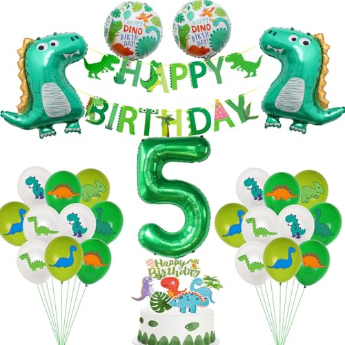 Dino 5 Geburtstag Deko, Dino Deko 5 Jahre Kindergeburtstag,Dino Folienballon 5 jahre Junge Geburtstagsdeko,Luftballons 5 Geburtstag Dschungel Deko，5 Junge Party deko