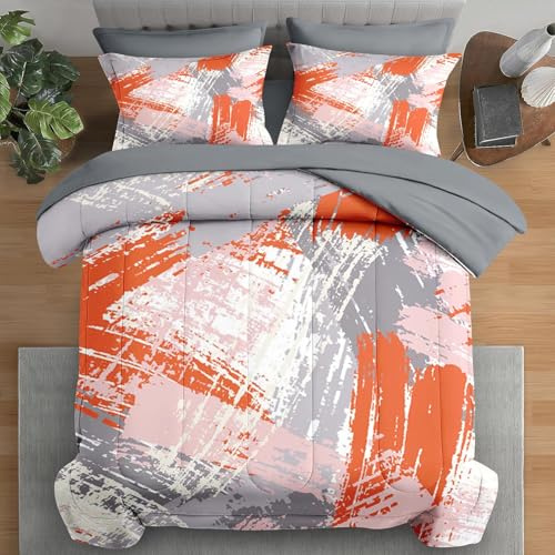 Pamnest Juego de edredón tamaño King, graffiti urbano naranja gris, ropa de cama de 7 piezas para niños y adultos, juego de sábanas de línea de pintura abstracta con sábana bajera, 2 fundas de