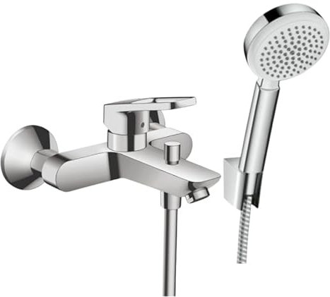 Hansgrohe Pack mitigeur Bain Douche mécanique Logis Loop + Pommeau de Douche MyClub EcoSmart + Flexible 160 cm + Support