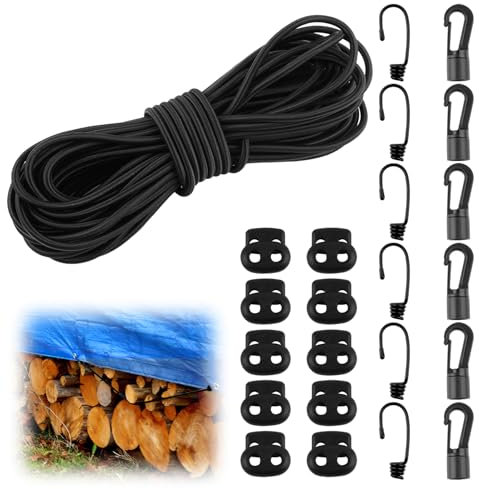 Bungee Cord 5 mm x 15 m, Black Shock Cord, Round Elastic Rope with Hooks and Cord Locks, Bungee Rope for Tarpaulin, Trailer, Backpack, Tent Pole, DIY Craft Projects