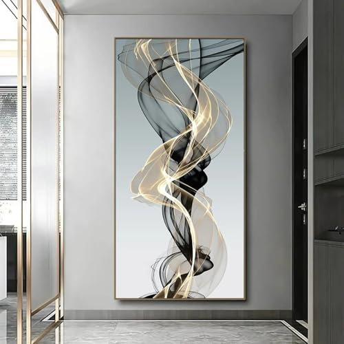 HYFBH Wandbild Xxl Abstrakte moderne goldene Geometrie goldgraue Linie Wandkunst Leinwandgemälde Poster Bilddruck für Wohnzimmer Heimdekoration 80x147cm mit Rahmen