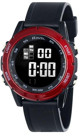 Ravel - Runde 3ATM- Digital-Herren-Quarz-Armbanduhr mit Beleuchtung - RDG.14.24 - Schwarz/Rot