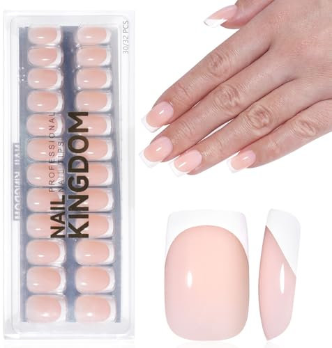 DMQ French False Nails Short, 32Pcs Square Press On Nails - Fake Nails White Tip French False Nail Kit, Full Cover Stick on Nail with Glue for Girls Nail Art Manicure Decorations