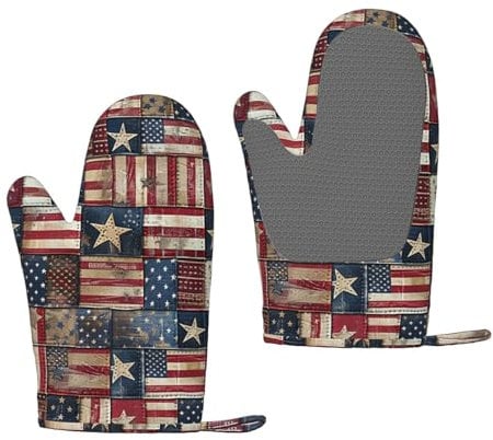 USA Flag Patchwork Printed Silicone Oven Mitts Set of 2 Pcs Heat Resistant Non-Slip Oven Gloves for Kitchen Cooking Baking Grilling