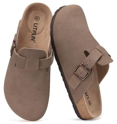 Litfun Unisex Genuine Suede Clogs Soft Footbed Leather Potato Shoes Comfort Slip On Clogs with Arch Support, Mocha, EU 39