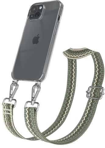 EAZY CASE Handykette - Verstellbares Taschenband kompatibel mit iPhone 15, Schulterriemen, Handykordel mit Silikon Hülle, Umhängetasche, Grün Beige Silber