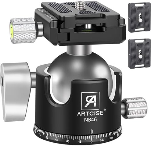 ARTCISE Cabezal de bola de trípode de perfil bajo, cabeza de trípode de cámara de metal, 44 libras/20 kg de carga con tres placas de liberación rápida Arca Swiss para trípode, monopié, DSLR, cámara