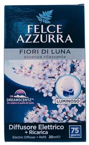 FEI FAN Felce Azzurra - Diffusore Elettrico Luminoso + Ricarica 20ml. Fragranza Fiori di Luna, Essenza Rilassante, 75 Giorni di Durata (Confezione)