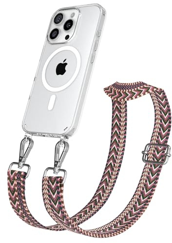 EAZY CASE Handykette - Verstellbares Taschenband kompatibel mit iPhone 16 Pro, Schulterriemen, Handykordel mit Silikon Hülle, Qi Charging kompatibel, Umhängetasche, Beere Pink Silber