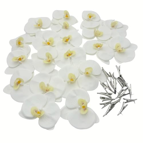 Urier 4.3 Inch Artificial Flower Heads Plastic Orchid That Look Real,Fake Orchid Flowers with Clips,Tropical Faux Flower Heads DIY Craft Orchid Clips,Wreath, Gift, Cake Decoration (20, White)