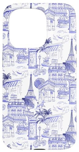 Preppy French Blue Paris Toile Cafe Pudel Eiffel Arc Trees Hülle für iPhone 15 Pro